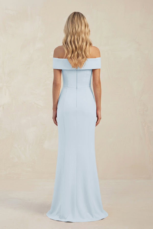 Sheath Off - the - Shoulder Satin Bridesmaid Dress With Slit in Sky Blue - KISS BRIDAL Bridesmaid Dresses