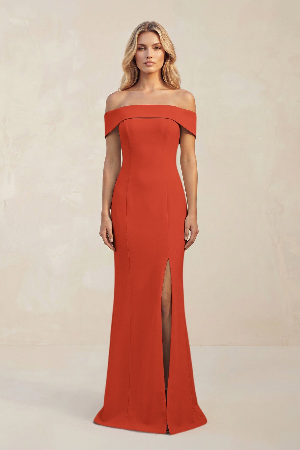Sheath Off - the - Shoulder Satin Bridesmaid Dress With Slit in Spice - KISS BRIDAL Bridesmaid Dresses