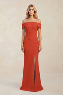 Sheath Off - the - Shoulder Satin Bridesmaid Dress With Slit in Spice - KISS BRIDAL Bridesmaid Dresses