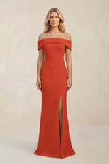Sheath Off - the - Shoulder Satin Bridesmaid Dress With Slit in Spice - KISS BRIDAL Bridesmaid Dresses