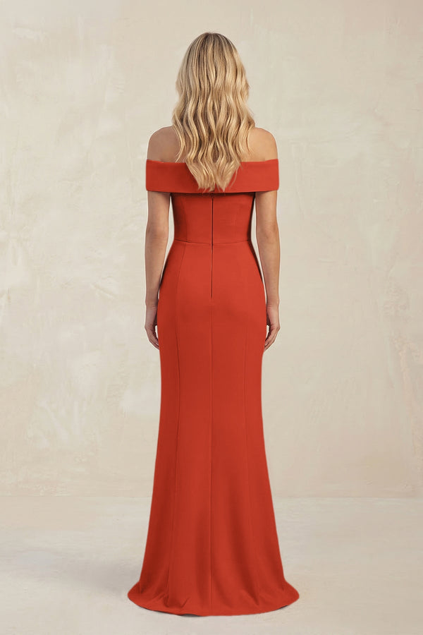 Sheath Off - the - Shoulder Satin Bridesmaid Dress With Slit in Spice - KISS BRIDAL Bridesmaid Dresses