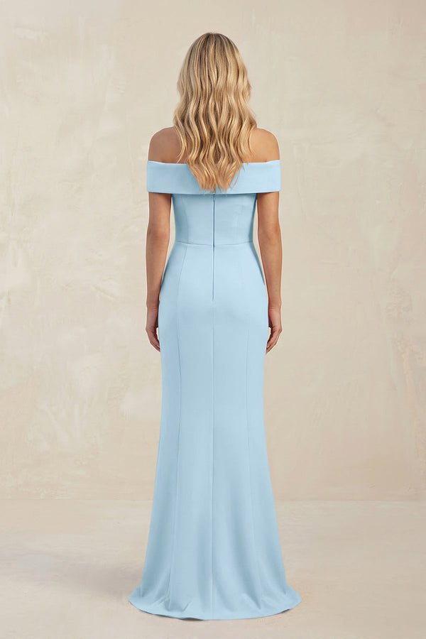 Sheath Off - the - Shoulder Satin Bridesmaid Dress With Slit in Steel Blue - KISS BRIDAL Bridesmaid Dresses
