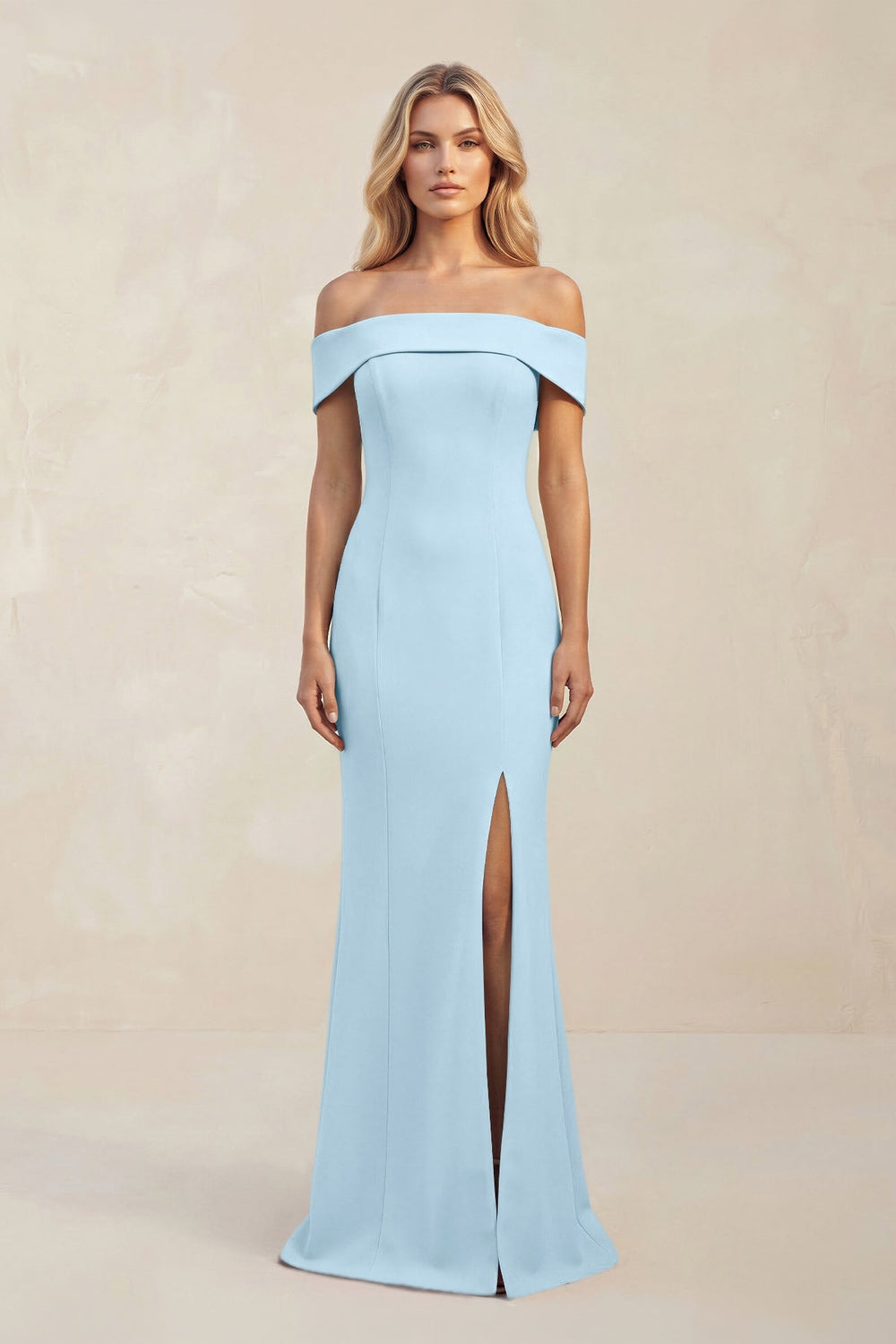 Sheath Off - the - Shoulder Satin Bridesmaid Dress With Slit in Steel Blue - KISS BRIDAL Bridesmaid Dresses