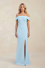 Sheath Off - the - Shoulder Satin Bridesmaid Dress With Slit in Steel Blue - KISS BRIDAL Bridesmaid Dresses