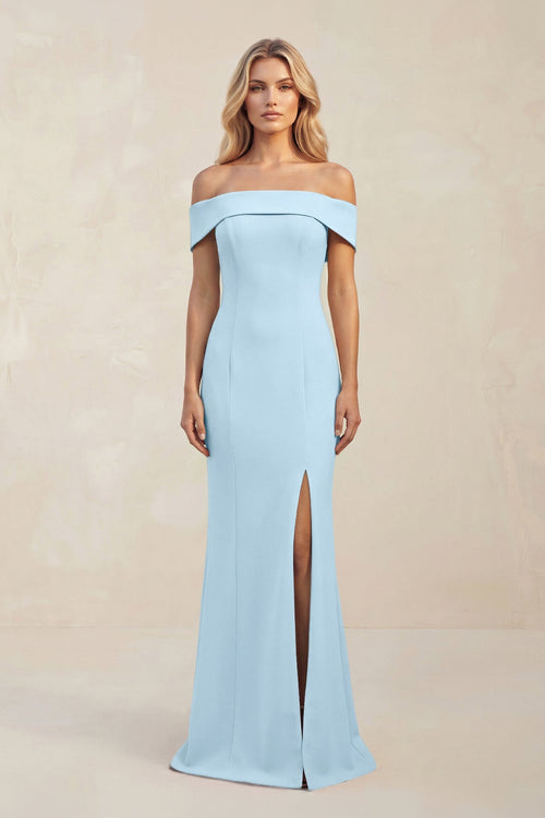 Sheath Off - the - Shoulder Satin Bridesmaid Dress With Slit in Steel Blue - KISS BRIDAL Bridesmaid Dresses