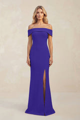Sheath Off - the - Shoulder Satin Bridesmaid Dress With Slit in Tahiti - KISS BRIDAL Bridesmaid Dresses
