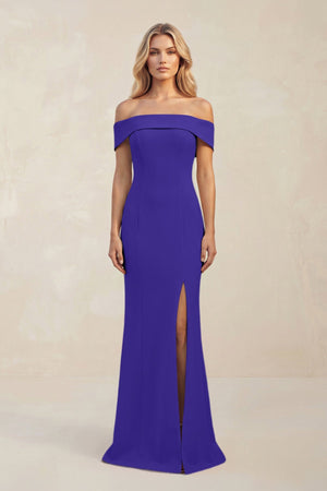 Sheath Off - the - Shoulder Satin Bridesmaid Dress With Slit in Tahiti - KISS BRIDAL Bridesmaid Dresses