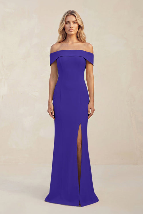 Sheath Off - the - Shoulder Satin Bridesmaid Dress With Slit in Tahiti - KISS BRIDAL Bridesmaid Dresses