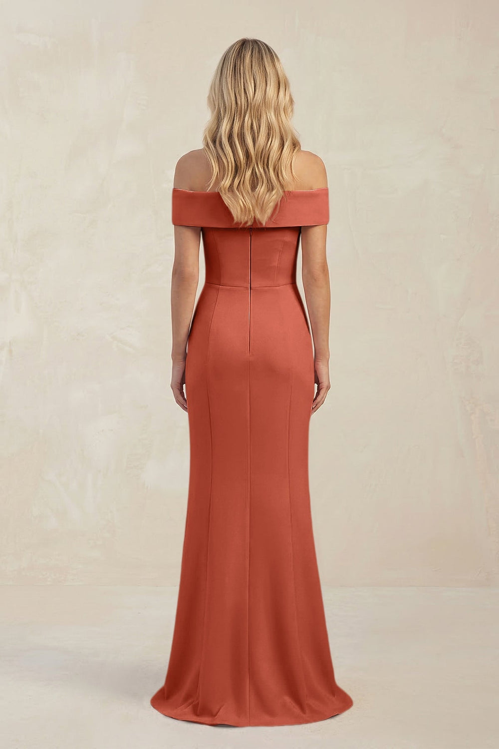 Sheath Off - the - Shoulder Satin Bridesmaid Dress With Slit in Terracotta - KISS BRIDAL Bridesmaid Dresses