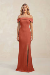 Sheath Off - the - Shoulder Satin Bridesmaid Dress With Slit in Terracotta - KISS BRIDAL Bridesmaid Dresses