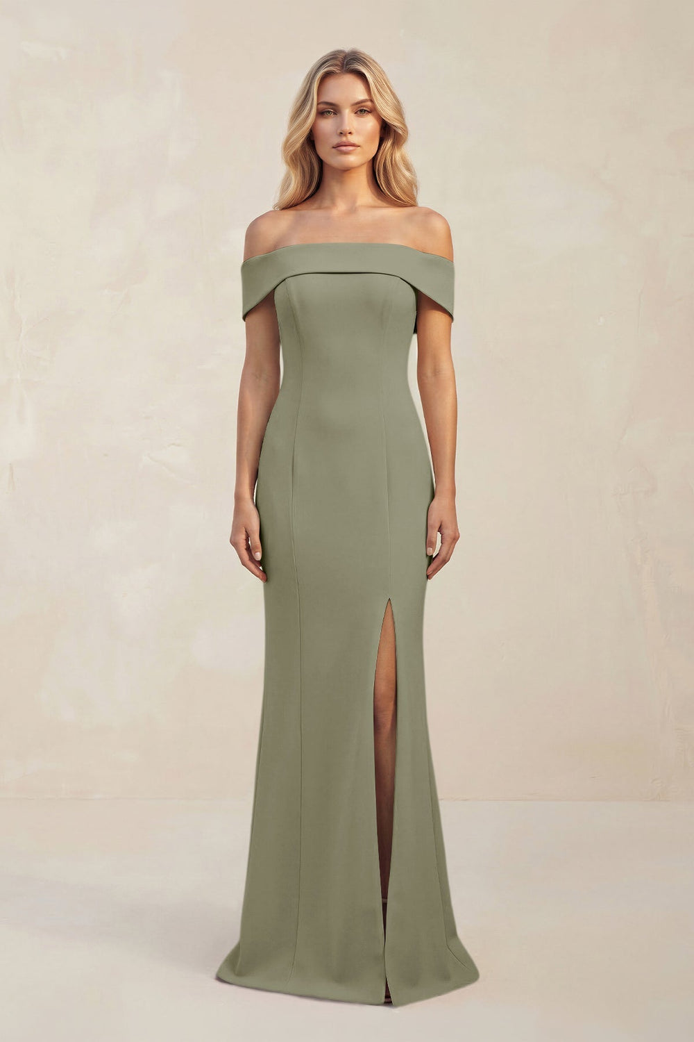 Sheath Off - the - Shoulder Satin Bridesmaid Dress With Slit in Thyme - KISS BRIDAL Bridesmaid Dresses