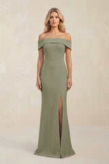 Sheath Off - the - Shoulder Satin Bridesmaid Dress With Slit in Thyme - KISS BRIDAL Bridesmaid Dresses