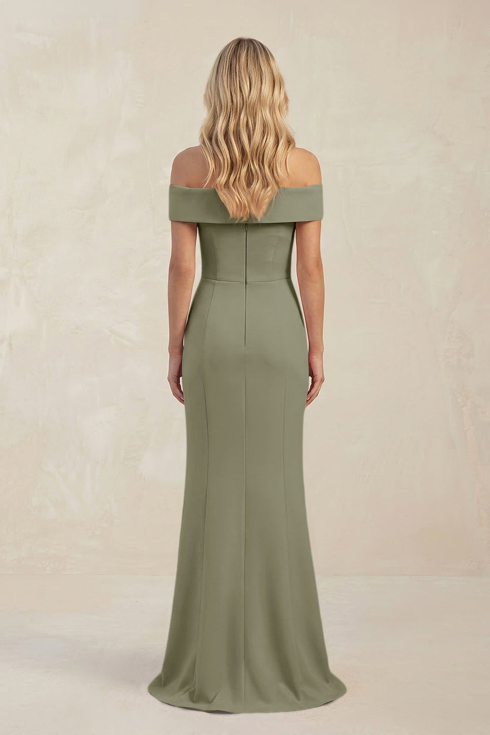 Sheath Off - the - Shoulder Satin Bridesmaid Dress With Slit in Thyme - KISS BRIDAL Bridesmaid Dresses