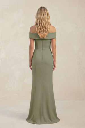 Sheath Off - the - Shoulder Satin Bridesmaid Dress With Slit in Thyme - KISS BRIDAL Bridesmaid Dresses