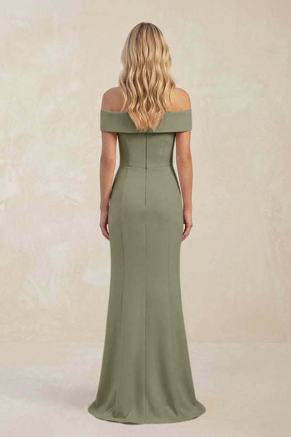 Sheath Off - the - Shoulder Satin Bridesmaid Dress With Slit in Thyme - KISS BRIDAL Bridesmaid Dresses