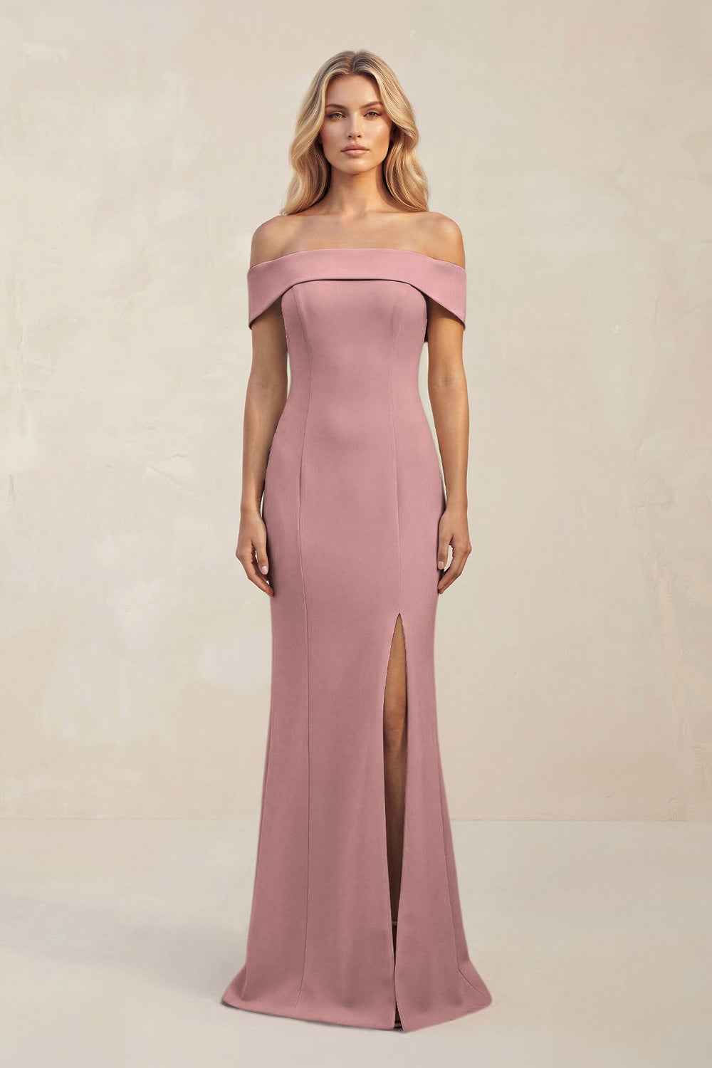 Sheath Off - the - Shoulder Satin Bridesmaid Dress With Slit in Toffee - KISS BRIDAL Bridesmaid Dresses
