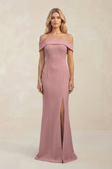 Sheath Off - the - Shoulder Satin Bridesmaid Dress With Slit in Toffee - KISS BRIDAL Bridesmaid Dresses