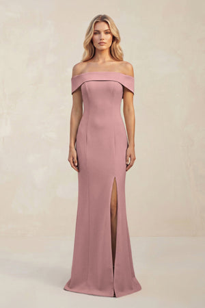 Sheath Off - the - Shoulder Satin Bridesmaid Dress With Slit in Toffee - KISS BRIDAL Bridesmaid Dresses