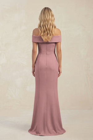 Sheath Off - the - Shoulder Satin Bridesmaid Dress With Slit in Toffee - KISS BRIDAL Bridesmaid Dresses