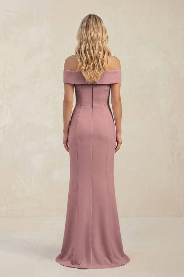 Sheath Off - the - Shoulder Satin Bridesmaid Dress With Slit in Toffee - KISS BRIDAL Bridesmaid Dresses