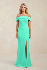 Sheath Off - the - Shoulder Satin Bridesmaid Dress With Slit in Turquoise - KISS BRIDAL Bridesmaid Dresses