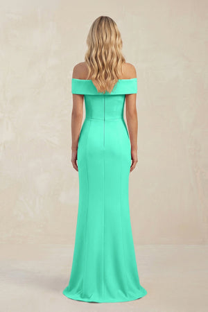 Sheath Off - the - Shoulder Satin Bridesmaid Dress With Slit in Turquoise - KISS BRIDAL Bridesmaid Dresses