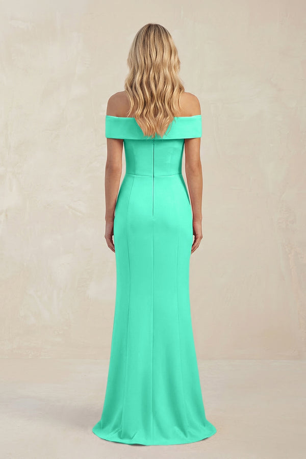 Sheath Off - the - Shoulder Satin Bridesmaid Dress With Slit in Turquoise - KISS BRIDAL Bridesmaid Dresses