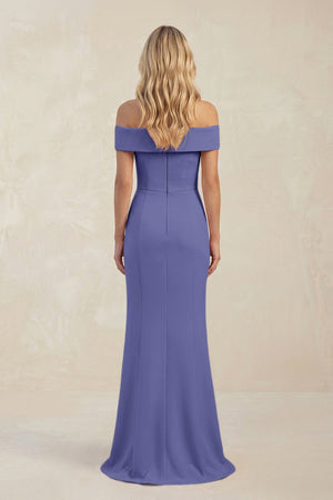 Sheath Off - the - Shoulder Satin Bridesmaid Dress With Slit in Twilight - KISS BRIDAL Bridesmaid Dresses