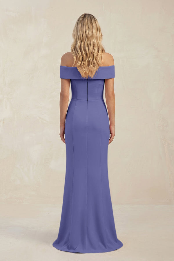 Sheath Off - the - Shoulder Satin Bridesmaid Dress With Slit in Twilight - KISS BRIDAL Bridesmaid Dresses