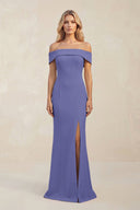 Sheath Off - the - Shoulder Satin Bridesmaid Dress With Slit in Twilight - KISS BRIDAL Bridesmaid Dresses