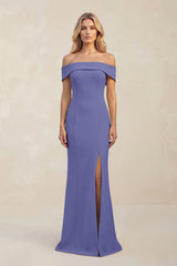 Sheath Off - the - Shoulder Satin Bridesmaid Dress With Slit in Twilight - KISS BRIDAL Bridesmaid Dresses
