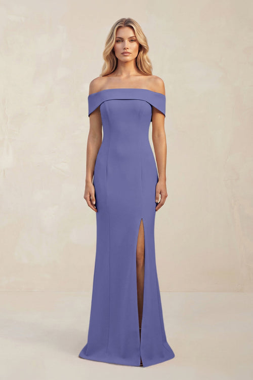 Sheath Off - the - Shoulder Satin Bridesmaid Dress With Slit in Twilight - KISS BRIDAL Bridesmaid Dresses