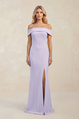 Sheath Off - the - Shoulder Satin Bridesmaid Dress With Slit in Vintage Mauve - KISS BRIDAL Bridesmaid Dresses