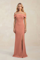 Sheath Off - the - Shoulder Satin Bridesmaid Dress With Slit in Wild Rose - KISS BRIDAL Bridesmaid Dresses