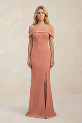 Sheath Off - the - Shoulder Satin Bridesmaid Dress With Slit in Wild Rose - KISS BRIDAL Bridesmaid Dresses