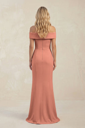 Sheath Off - the - Shoulder Satin Bridesmaid Dress With Slit in Wild Rose - KISS BRIDAL Bridesmaid Dresses