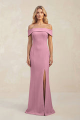 Sheath Off - the - Shoulder Satin Bridesmaid Dress With Slit in Wisteria - KISS BRIDAL Bridesmaid Dresses