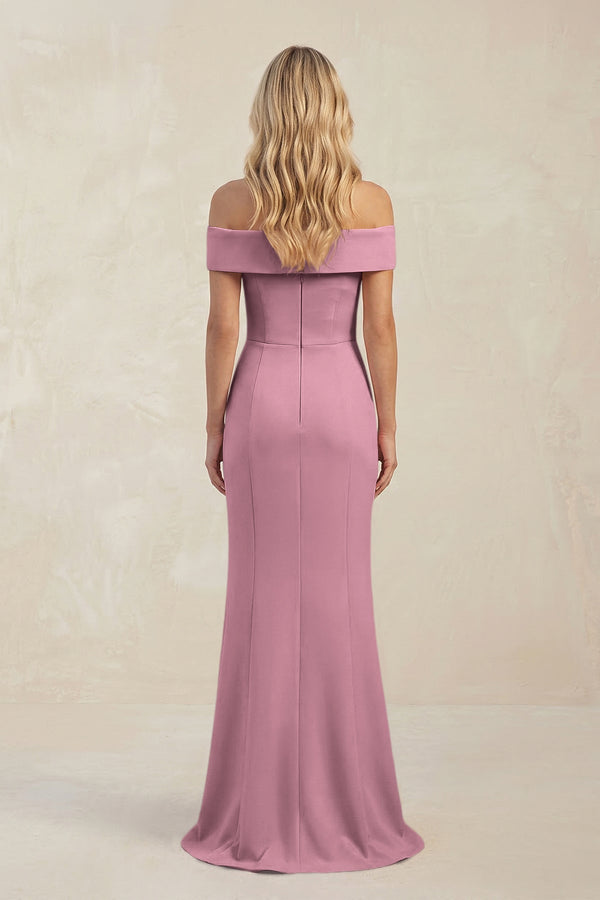 Sheath Off - the - Shoulder Satin Bridesmaid Dress With Slit in Wisteria - KISS BRIDAL Bridesmaid Dresses
