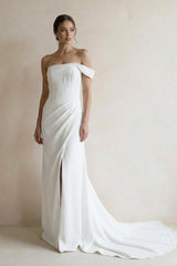 Sheath Off The Shoulder Satin Wedding Dress With Slit - KISS BRIDAL Wedding Dresses