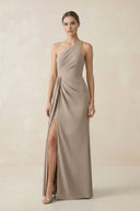 Sheath One - Shoulder Ruched Bridesmaid Dress With Slit in Almond - KISS BRIDAL Bridesmaid Dresses