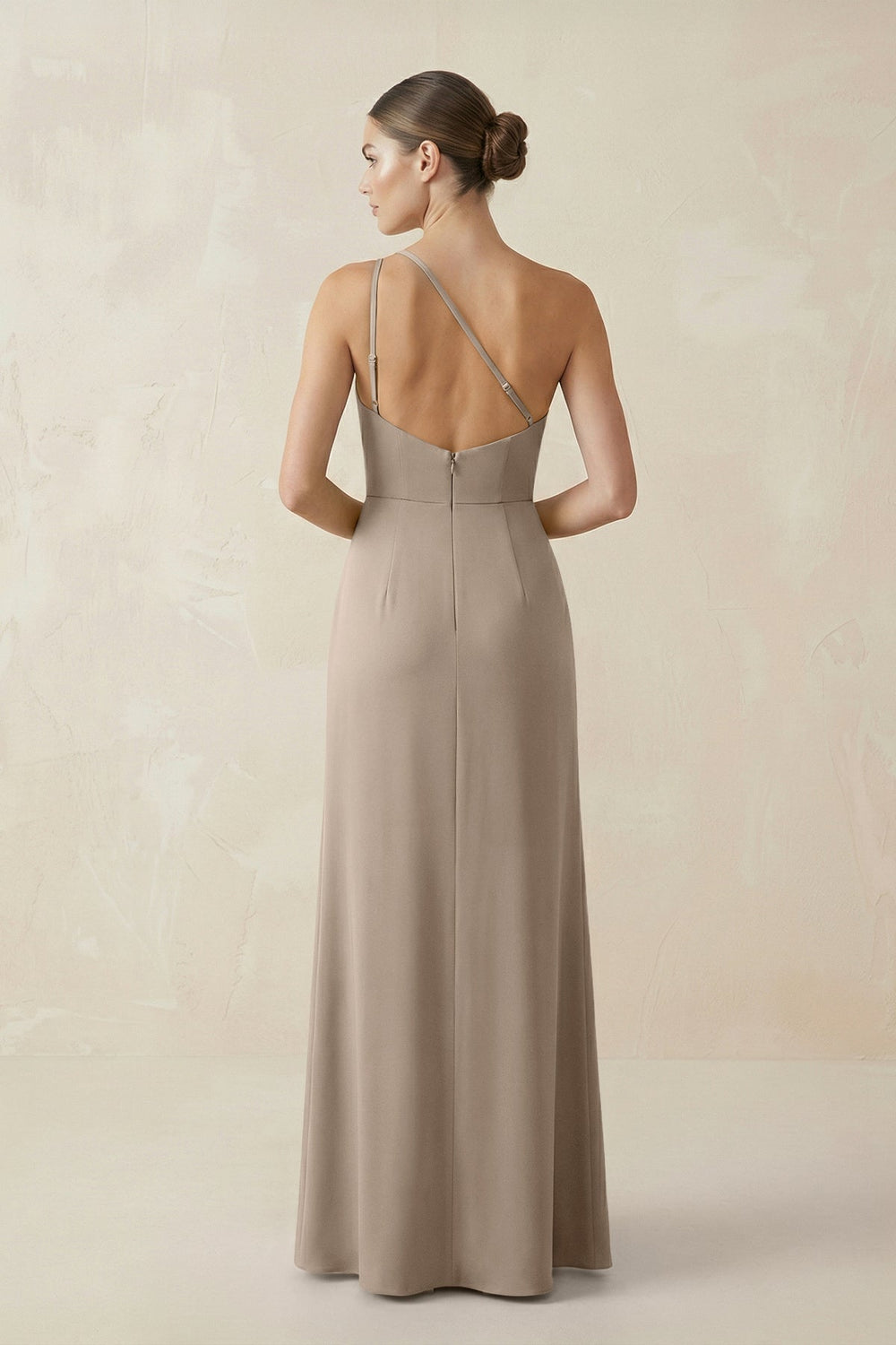 Sheath One - Shoulder Ruched Bridesmaid Dress With Slit in Almond - KISS BRIDAL Bridesmaid Dresses