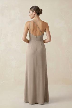 Sheath One - Shoulder Ruched Bridesmaid Dress With Slit in Almond - KISS BRIDAL Bridesmaid Dresses