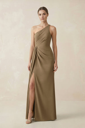 Sheath One - Shoulder Ruched Bridesmaid Dress With Slit in Apple Cinnamon - KISS BRIDAL Bridesmaid Dresses