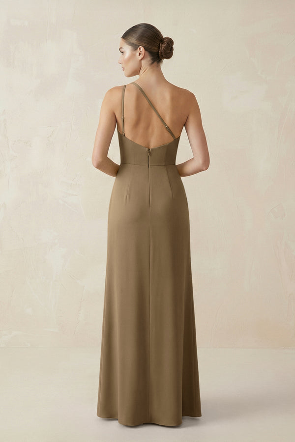 Sheath One - Shoulder Ruched Bridesmaid Dress With Slit in Apple Cinnamon - KISS BRIDAL Bridesmaid Dresses