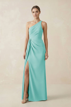 Sheath One - Shoulder Ruched Bridesmaid Dress With Slit in Aqua - KISS BRIDAL Bridesmaid Dresses