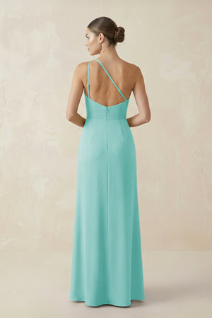 Sheath One - Shoulder Ruched Bridesmaid Dress With Slit in Aqua - KISS BRIDAL Bridesmaid Dresses
