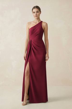 Sheath One - Shoulder Ruched Bridesmaid Dress With Slit in Berry - KISS BRIDAL Bridesmaid Dresses