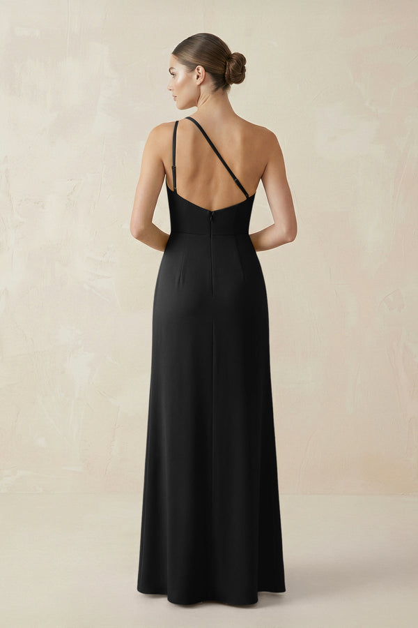 Sheath One - Shoulder Ruched Bridesmaid Dress With Slit in Black - KISS BRIDAL Bridesmaid Dresses
