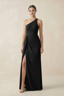 Sheath One - Shoulder Ruched Bridesmaid Dress With Slit in Black - KISS BRIDAL Bridesmaid Dresses