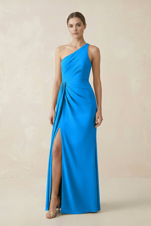 Sheath One - Shoulder Ruched Bridesmaid Dress With Slit in Blue Jay - KISS BRIDAL Bridesmaid Dresses